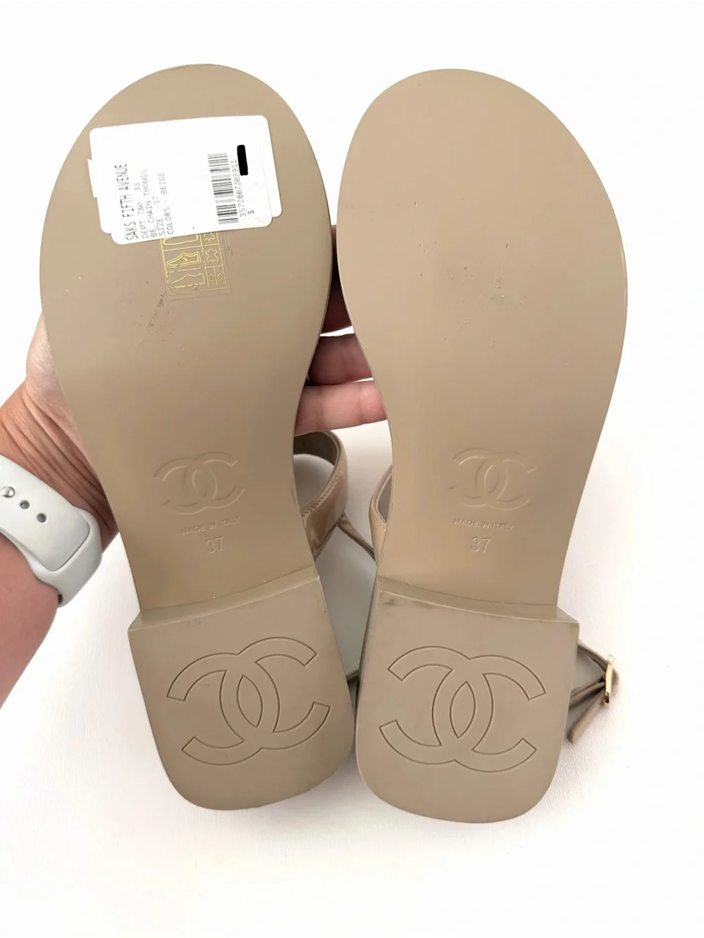 CHANEL | Beige Patent Leather CC Logo Chain T-Strap Slingback Heel Sandals 37